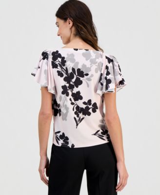 Women's Printed Cascade-Flutter-Sleeve Top