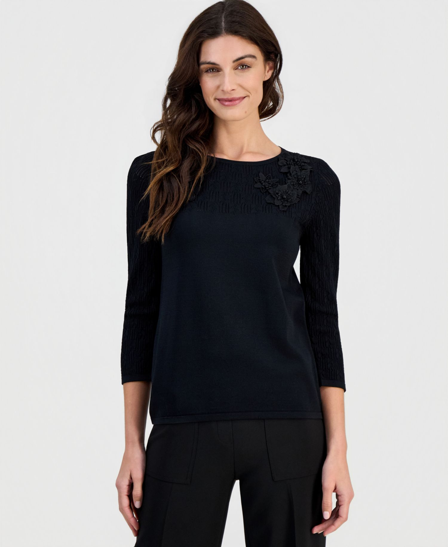 Women's Boat-Neck Floral-Applique Sweater
