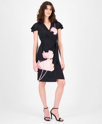 Women's Flutter-Sleeve Faux-Wrap Dress
