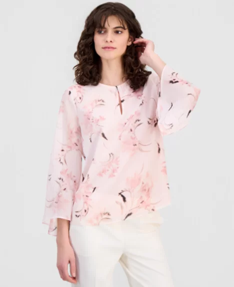 Petite Keyhole-Cutout Bell-Sleeve Top - Soft Blossom Multi