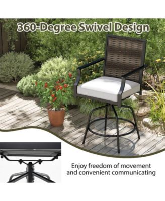 Outdoor PE Wicker Swivel Bar Stools with Back Armrests and Cushion