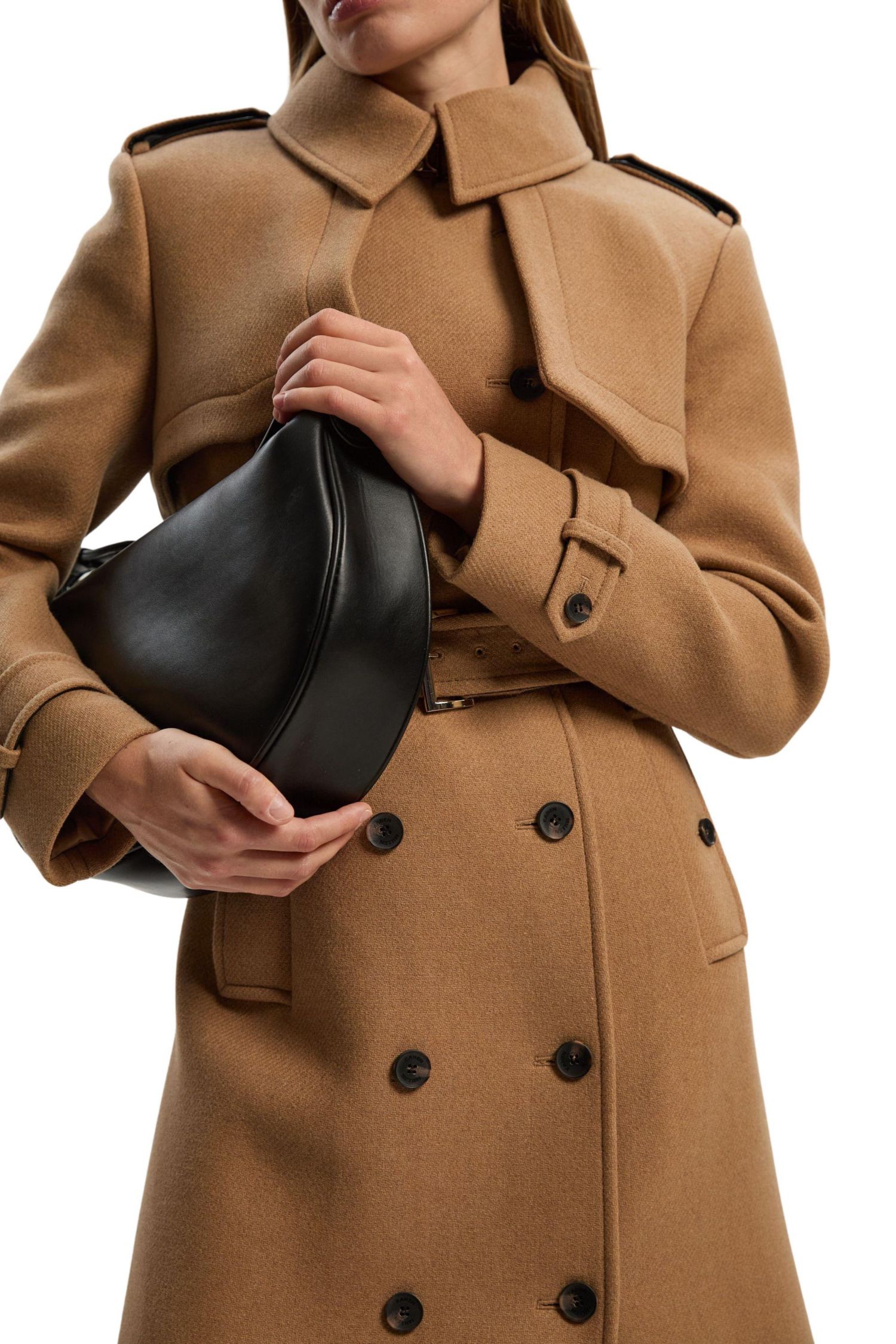 Women's Wool Mix Belted Trench Maxi Coat.