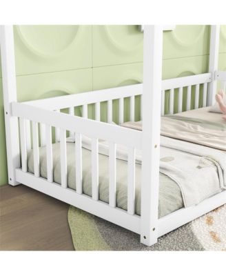 Twin Size Canopy Floor Bed with Safety Fence Wooden Play Bed with Guardrails for Kids Room