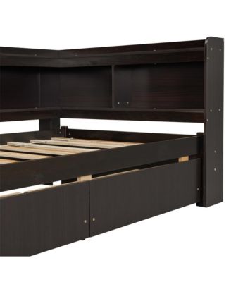 Twin L-Shaped Bookcase Bed 2 Storage Drawers, Space-Saving Study Bed