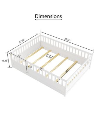 Full Size Wooden Floor Bed Integral Construction with High Security Barrier Door & Support Slats for Kids
