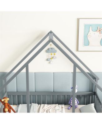 Twin Wood House-Shaped Floor Bed with Safety Fence & Roof Frame Kids Bed for Bedroom Playroom
