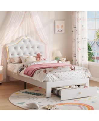 Twin Bed Frame with LED Lights, Velvet Crystal Headboard, Upholstered Kids Platform Bed with Drawer