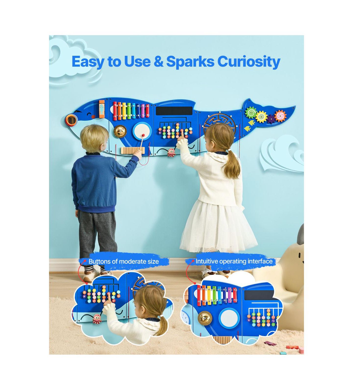 Детские игрушки Slickblue Orca Activity Wall Busy Board Montessori-Inspired 12 Activities, Ages 3-12, цвет: Синий — фото 5