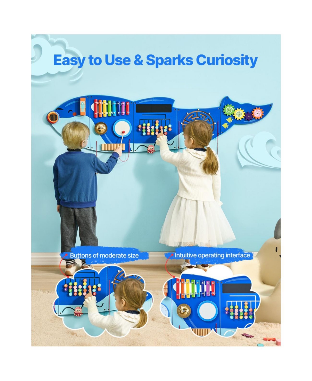 Slickblue Orca Activity Wall Busy Board Panels, 12 Activities, Montessori Sensory Wall Toy for Kids 3-12 Years