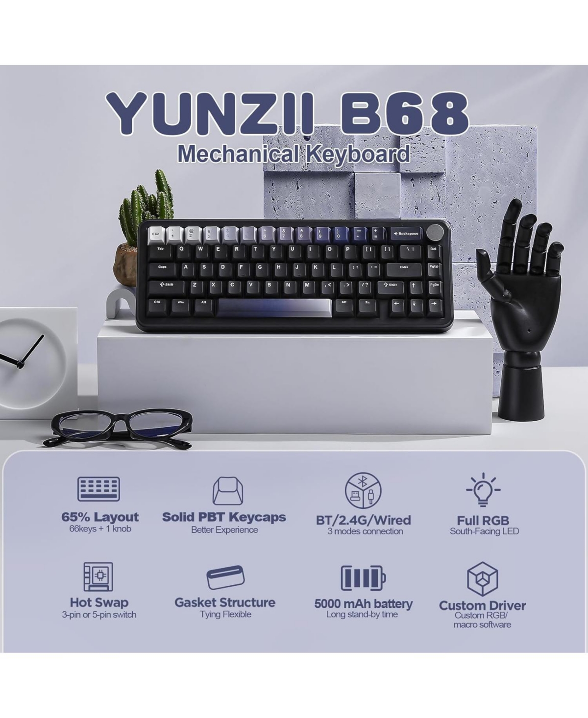 Lofree B68 Wireless Mechanical Keyboard,Tri-Mode BT5.0/2.4GHz/Usb-c Hot Swappable Creamy Typing Gasket Mounted for Win/Mac (Milk V2 Switch)