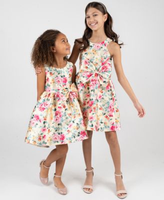 Girls' 7-16 Printed Mikado Round Bow Dress