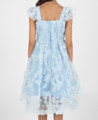 Girls' 7-16 Blue Floral Soutache Flutter Strap Dress