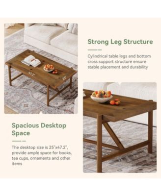 Farmhouse Solid Wood Coffee Table, 47-Inch Rectangular Center Tea Table, Warm Brown