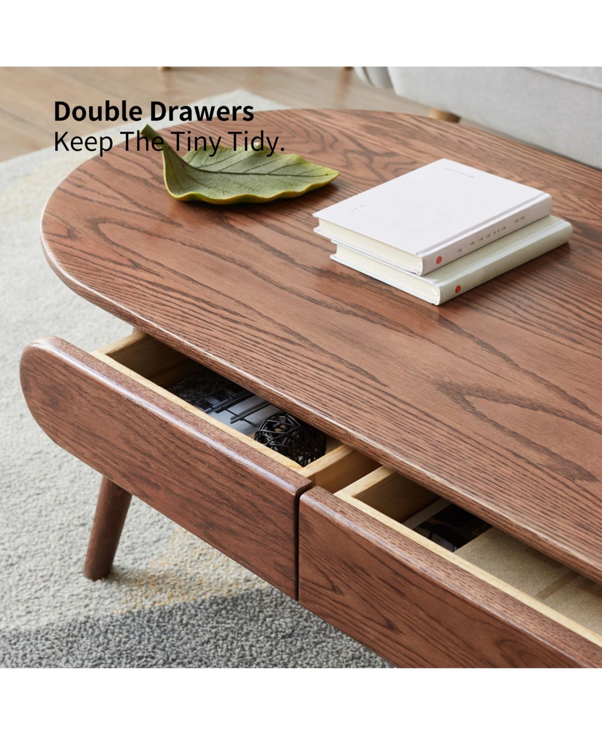 Boyel Living Solid Wood Coffee Table with 2 Drawers, Oval Design & Easy Assembly