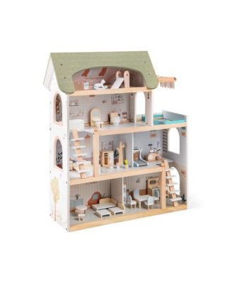 Wooden Dollhouse Playset for Kids with 33 Furniture Pieces