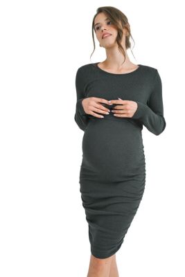 Maternity Long Sleeve Ribbed Side Ruched Nursing Dress
