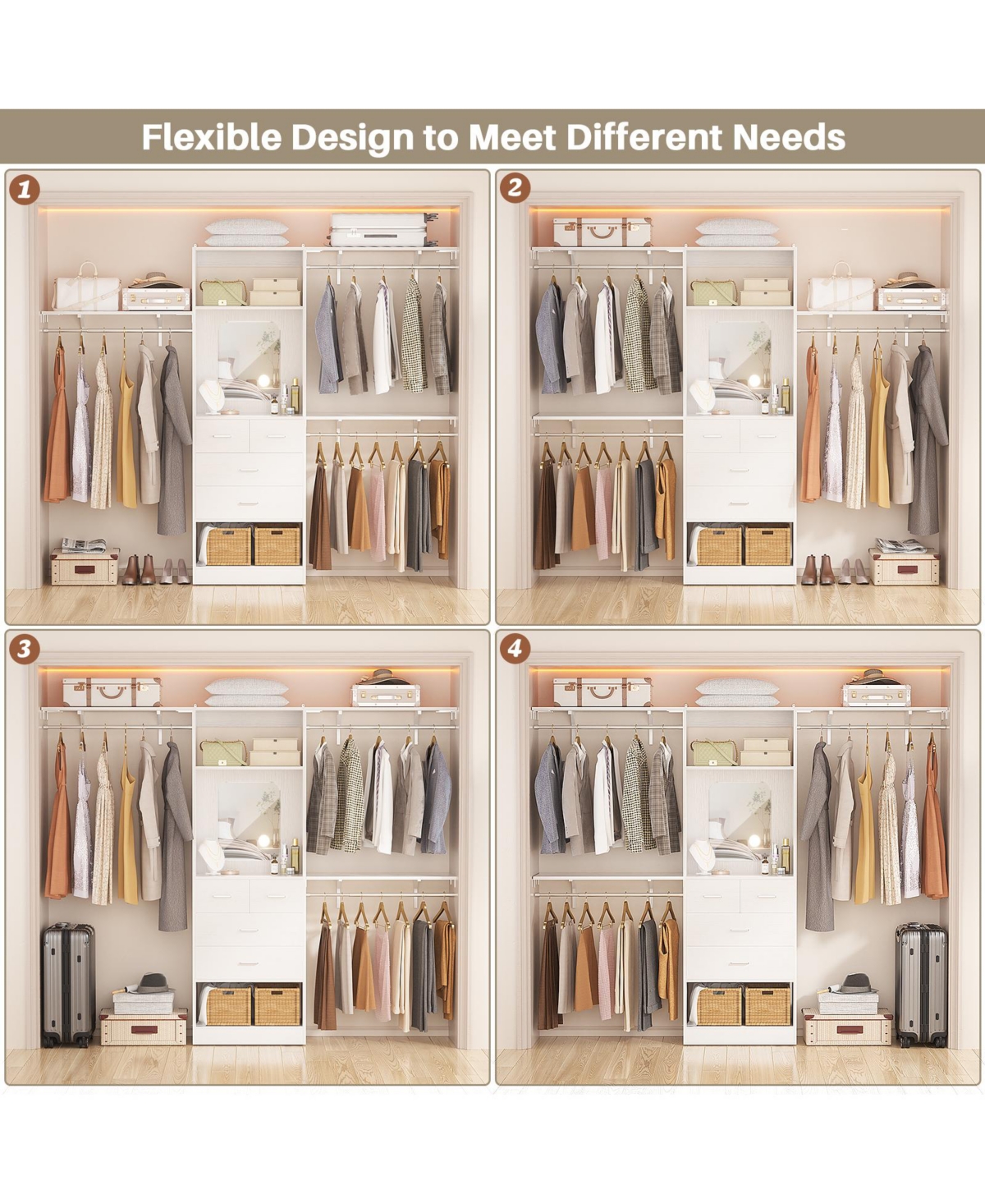 Aheaplus 96'' Closet Organizer System with 4 Drawers & Mirror, Heavy Duty Closet System with 3 Shelving Towers & Hanging Rods