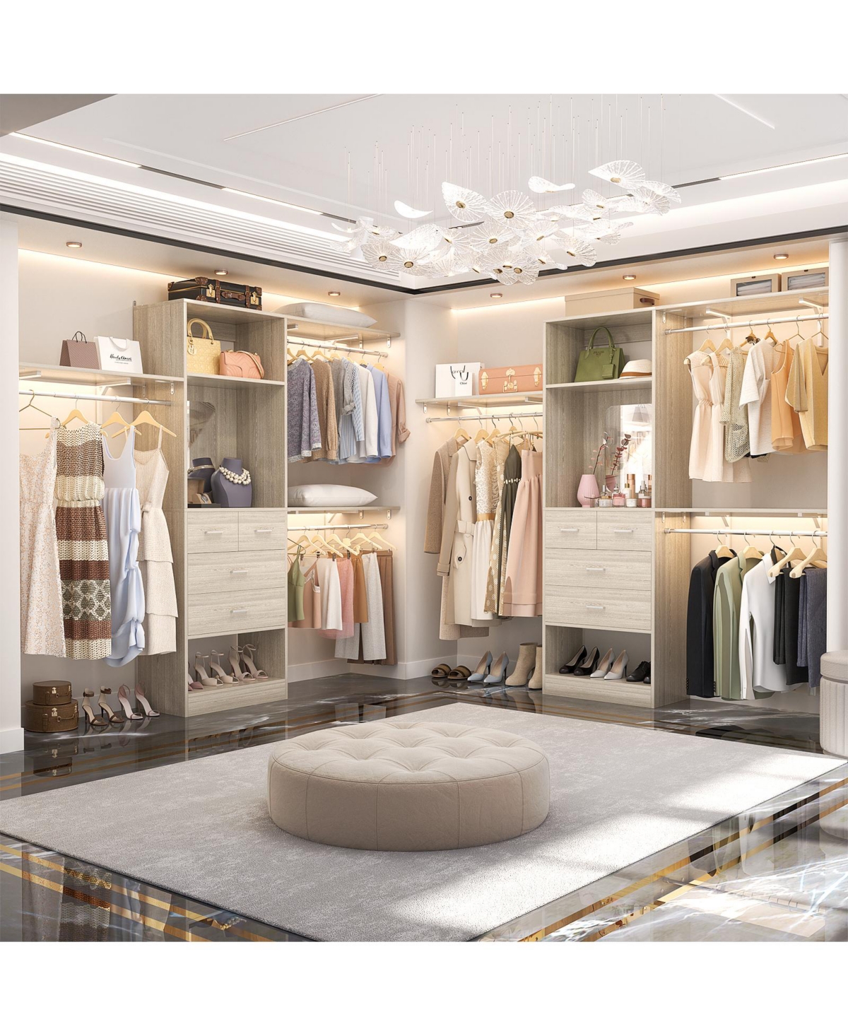 Aheaplus 96'' Closet Organizer System with 4 Drawers & Mirror, Heavy Duty 3 Shelving Towers Hanging Rods