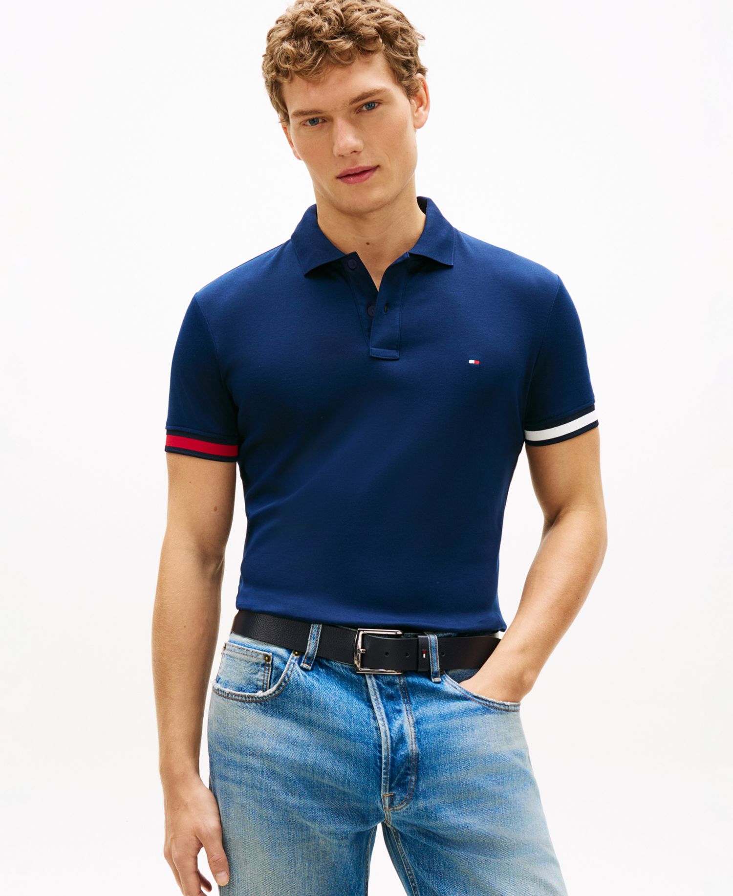 Men's Slim-Fit Smooth Touch Red, White, and Blue Cuff Polo Shirt