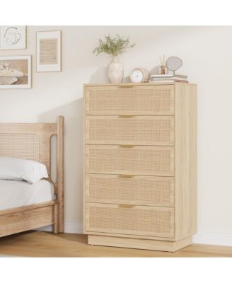 5 Drawer Rattan Dresser for Bedroom, Integrated Cabinet Body & Legs Design