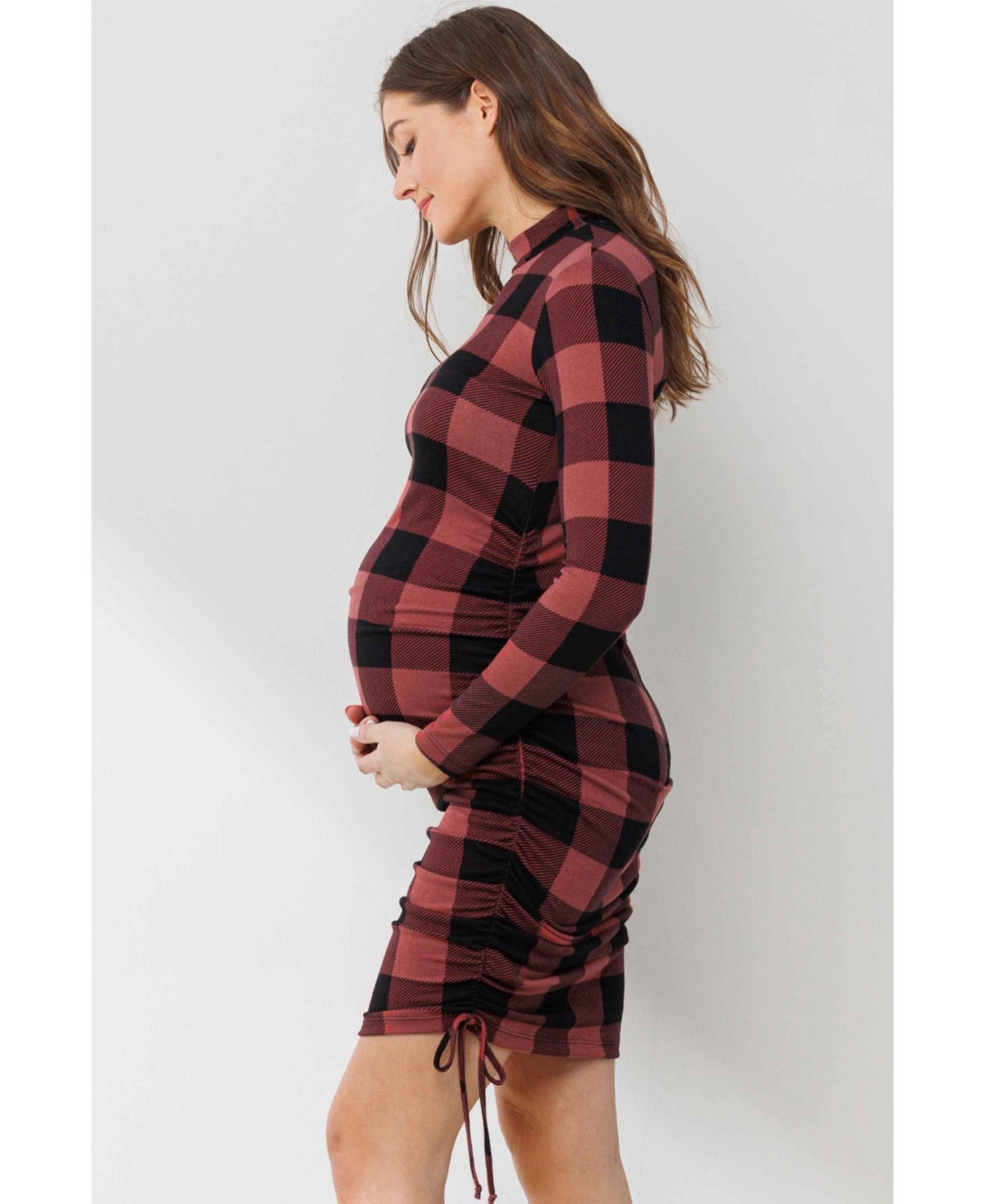 Hello Miz Maternity Bodycon Plaid Side Ruched Long Sleeve Dress