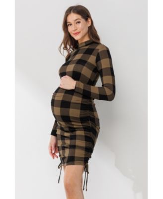 Maternity Bodycon Plaid Side Ruched Long Sleeve Dress