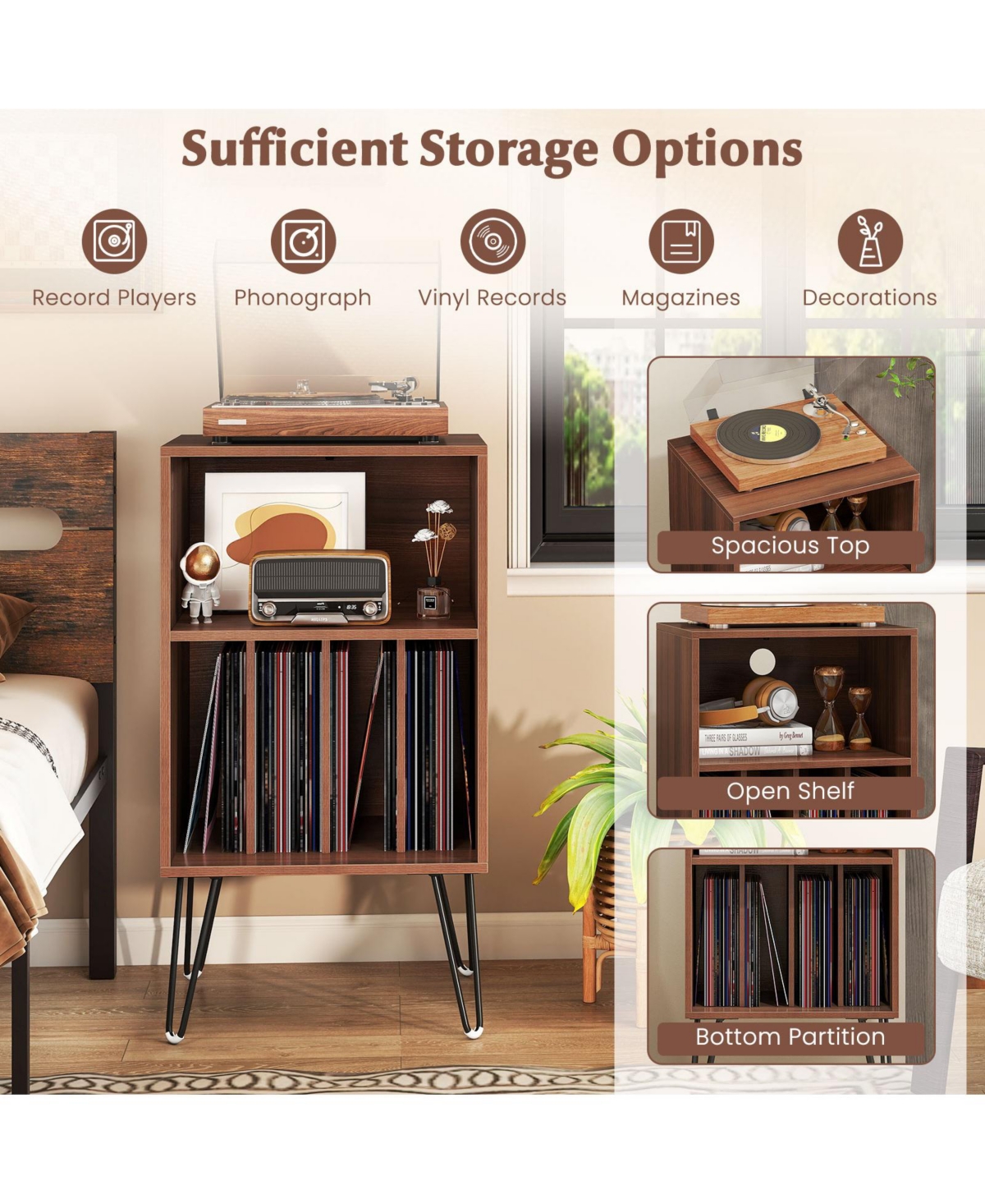 sumyeg Record Player Stand with Charging Station Turntable Stand with Vinyl Storage