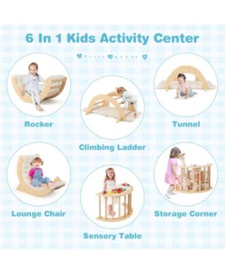 6 in 1 Wooden Kids Climbing Arch Playset with Rocker Ladder Sensory Table and Cushion