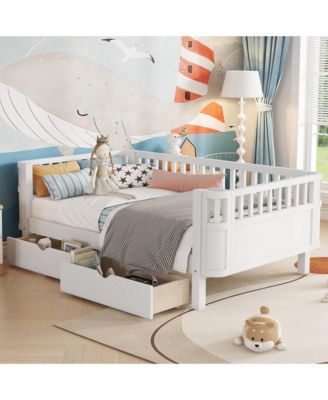 Twin Size Wood Platform Bed for Kids with Low Profile, Safety Rails & 2 Wheeled Storage Drawers