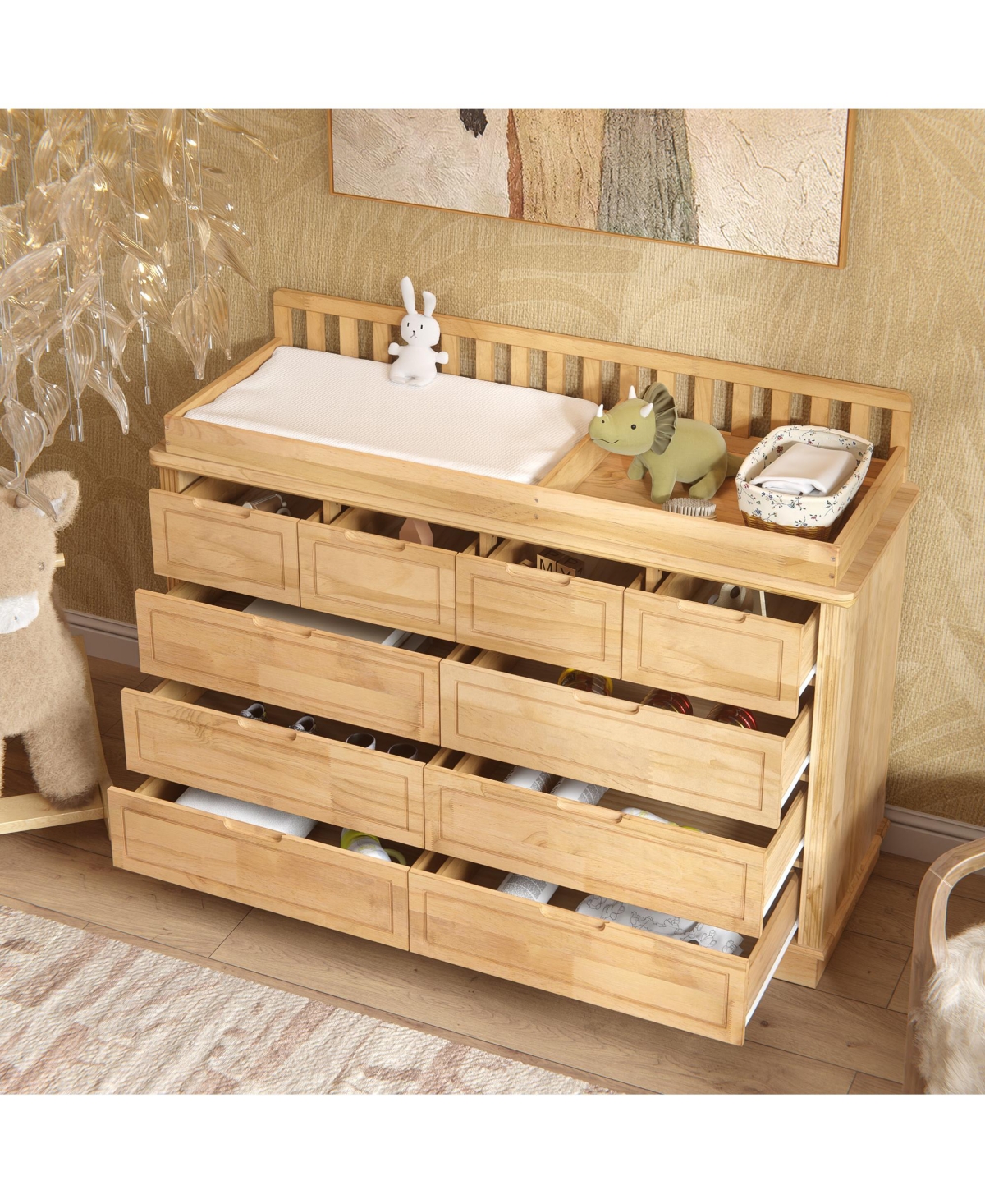 Homsee Solid Wood Changing Table with 10 Drawers and Guardrails,Chest of Drawers