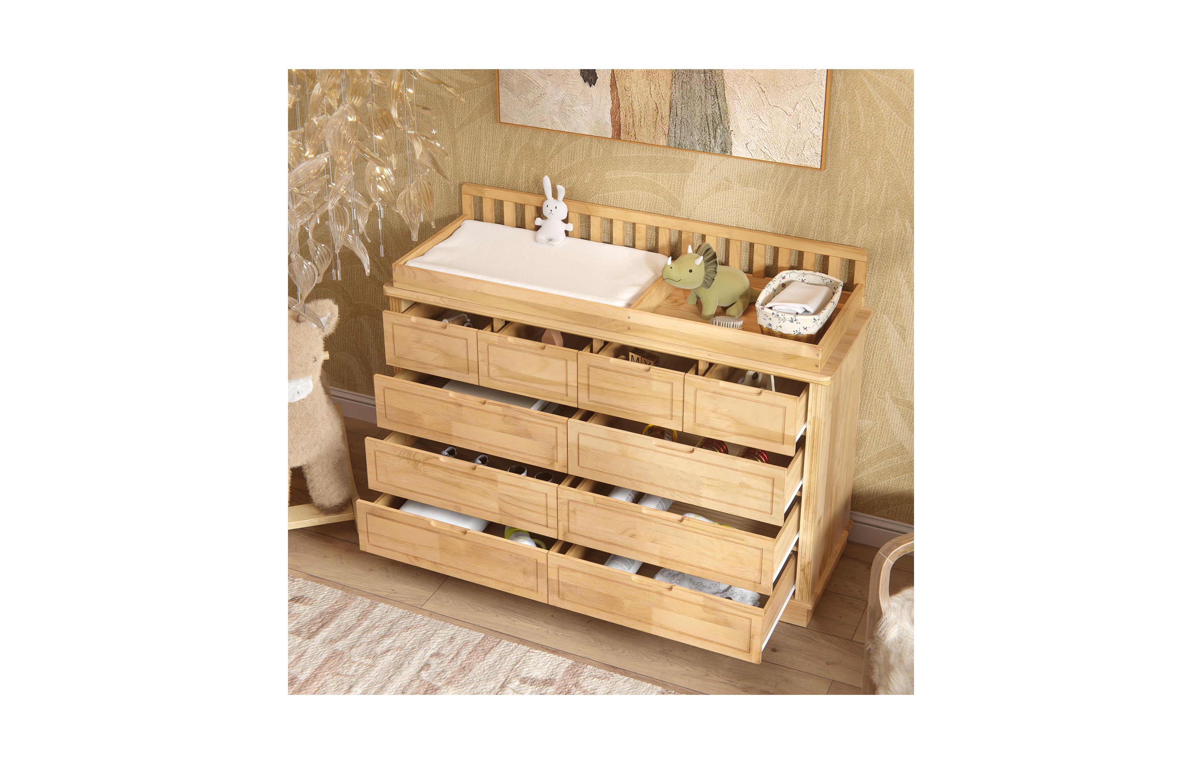 Homsee Solid Wood Changing Table with 10 Drawers and Guardrails,Chest of Drawers