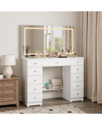11-Drawer Vanity with 3 Color LED Mirror, Tempered Glass Countertop,Crystal Handle, Makeup Table,Chest