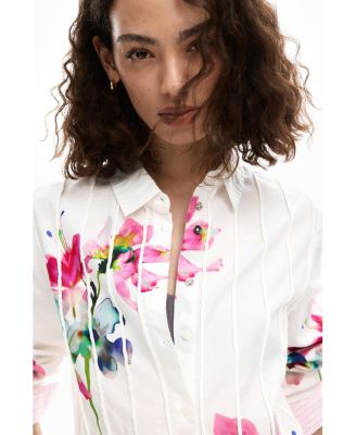 Women's Long-sleeve pleated floral shirt