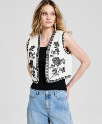 And Now This Women's Open-Front Embroidered Cotton Vest