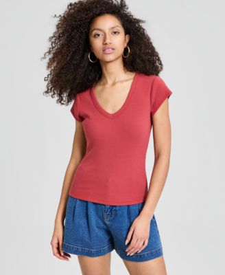 Women's V-Neck Rib-Knit Short-Sleeve T-Shirt