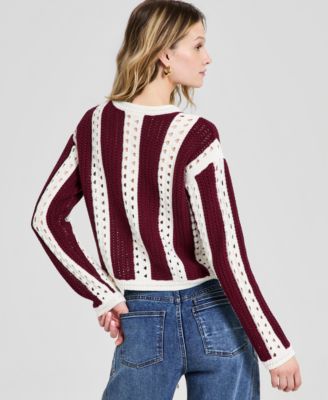 Women's Crewneck Stripe Crochet Sweater