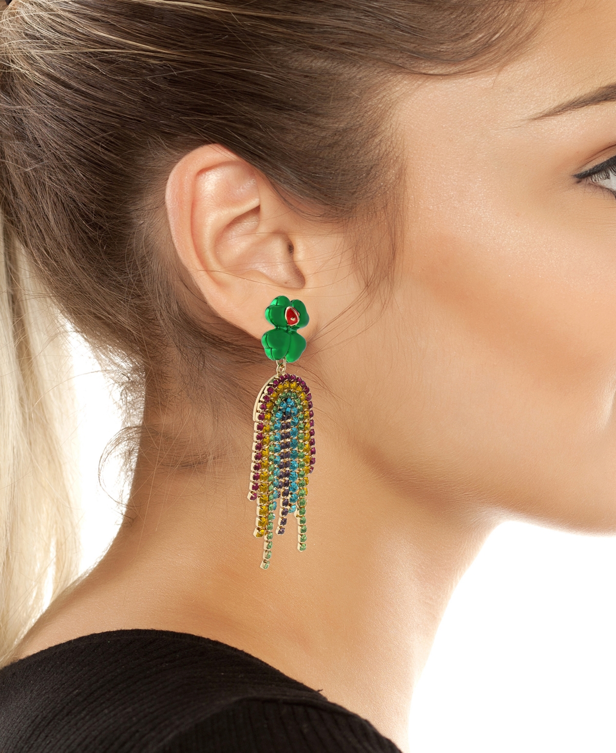 Betsey Johnson Faux Stone Paddy's Princess Shamrock Rainbow Chandelier Earrings