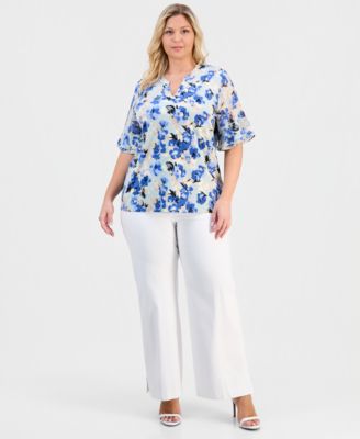 Plus Size Split-Neck Ruffle-Cuff Top