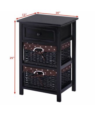 3 Tiers Wooden Storage Nightstand with 2 Baskets and 1 Drawer