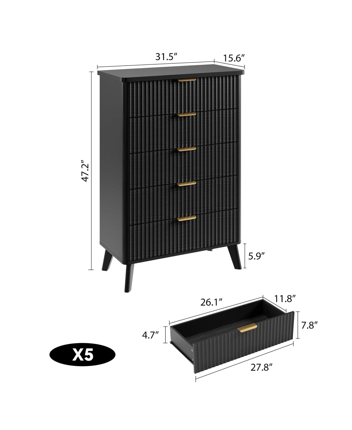 Fluted Dresser for Bedroom with 5 Deep Drawers