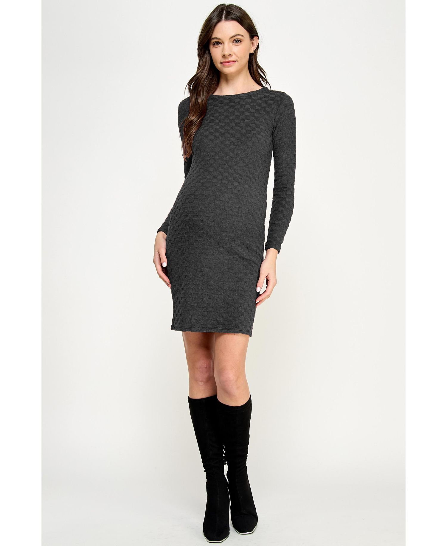 Women's Round Neck Long Sleeve Textured Knit Dress