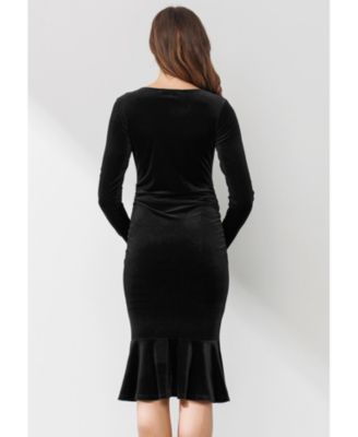 Maternity Velvet V Neck Long Sleeve Ruched Dress