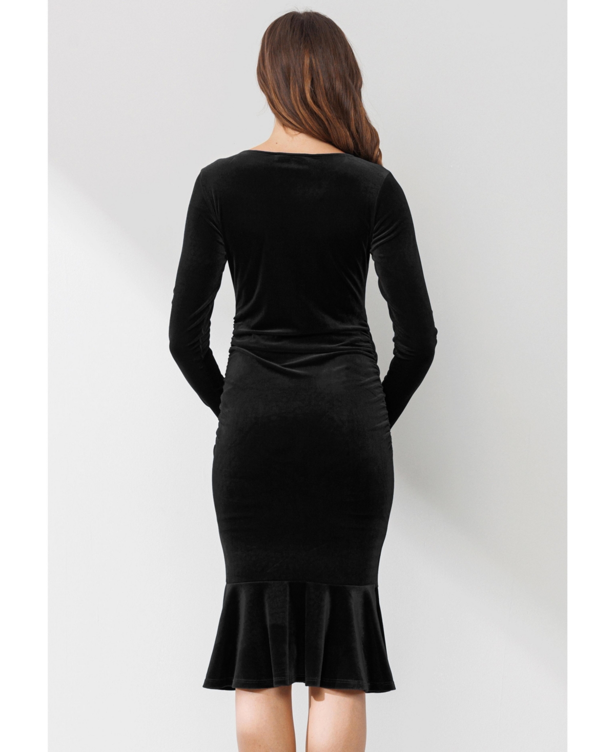 Hello Miz Maternity Velvet V Neck Long Sleeve Ruched Dress