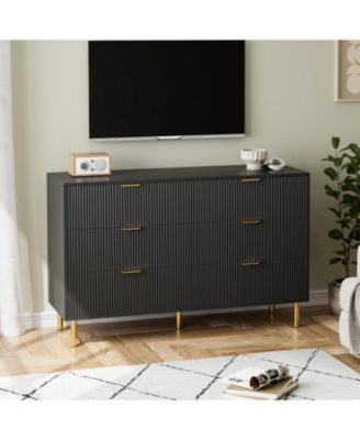 6-Drawer Modern Black Dresser, Gold Handle, Wide Double Chest, Large Drawer Storage Organizer for Bedroom, Living Room, Entryway