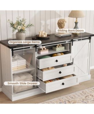 4-Drawer Farmhouse Dresser with Sliding Barn Doors, Antique White MDF TV Stand, Storage Chest, Bedroom