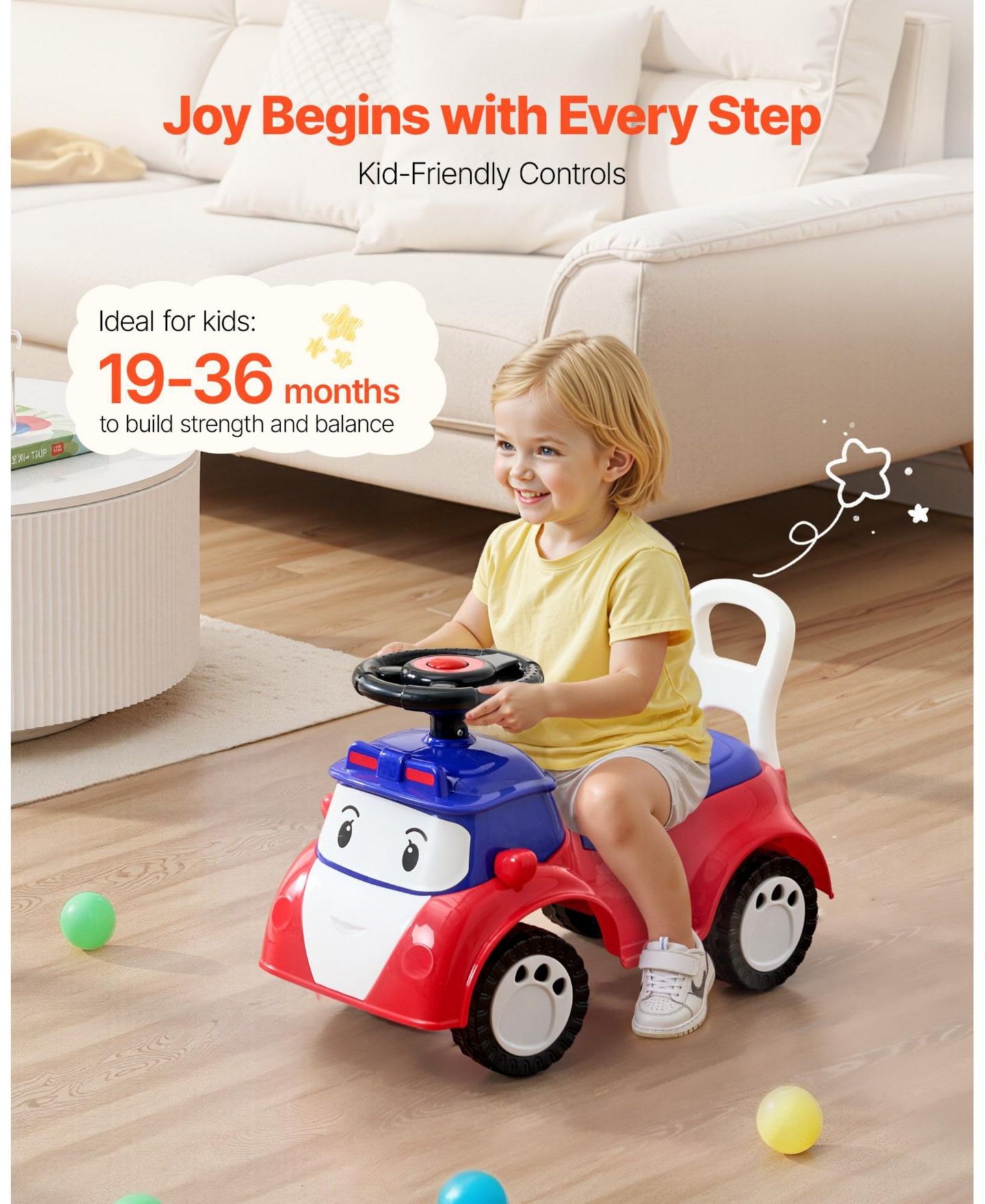 Детская игрушка HONGGE Toddler Ride-On Car with Anti-Tip Design, Light-Up Steering Wheel & Storage, Ages 18 Months-3 Years, цвет: Красный — фото 5