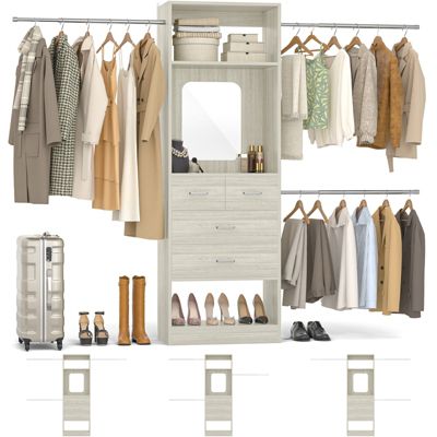 48 - 96 Inch Wide Adjustable Closet Organizer with 4 Drawers, 3 Hanging Rods, and a Mirror, Freestanding