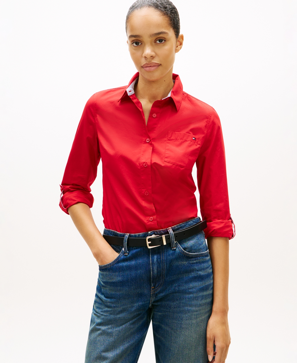 Tommy Hilfiger Women's Classic Poplin Roll-Tab Long-Sleeve Shirt - Primary Red
