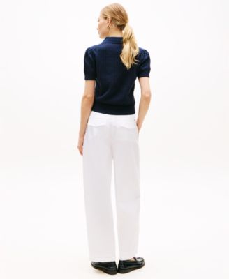 Women's Flag Pointelle Puff-Sleeve Polo Sweater