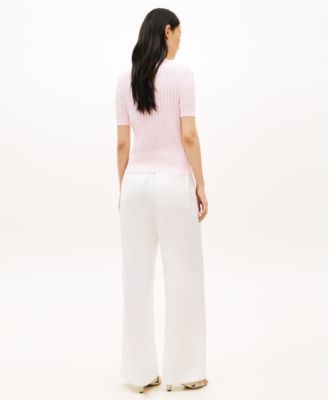 Women's Pointelle Rib Short-Sleeve Polo Sweater